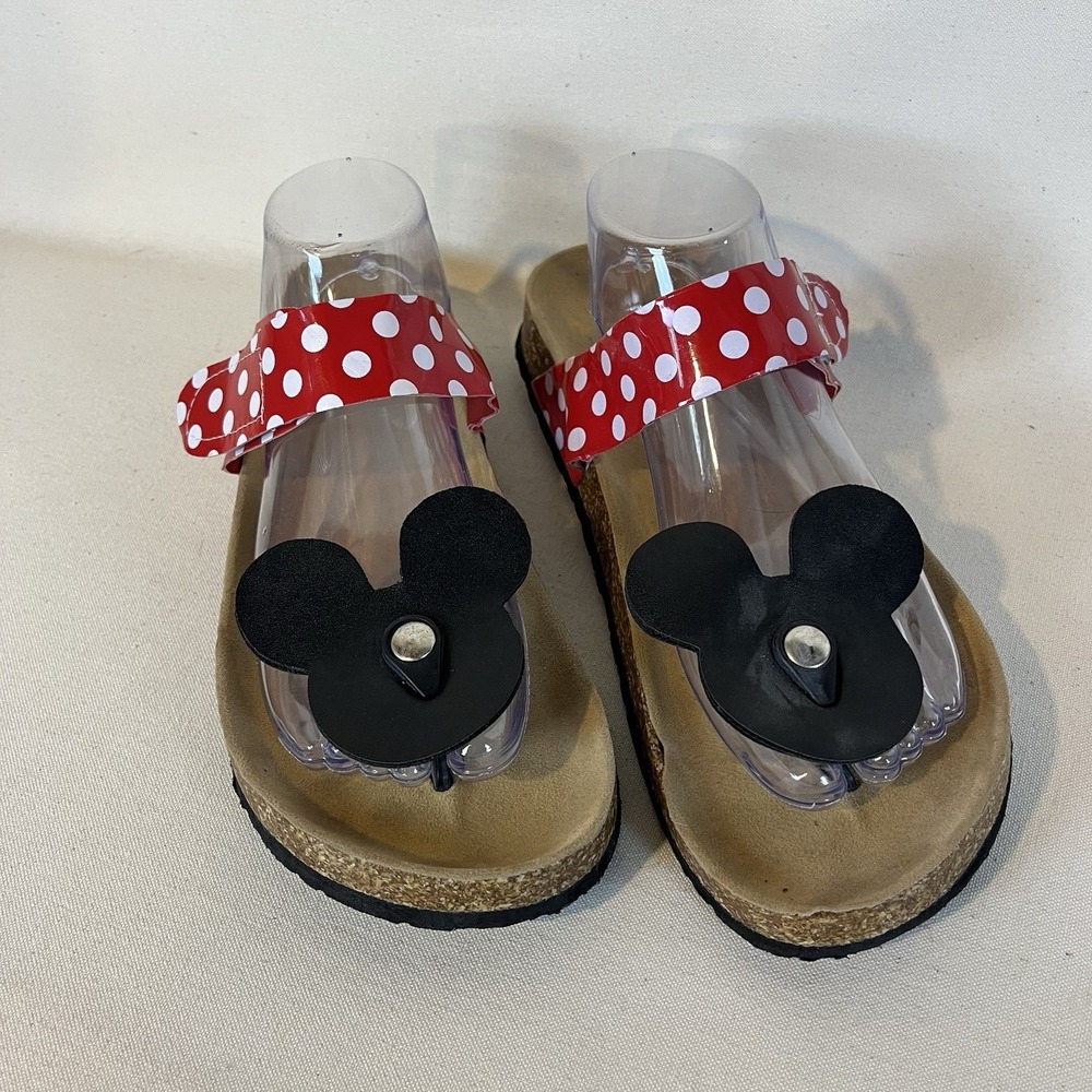 Mickey Minnie Themed Thong Sandals 10.5 Cork Polka‎ Dot Red White